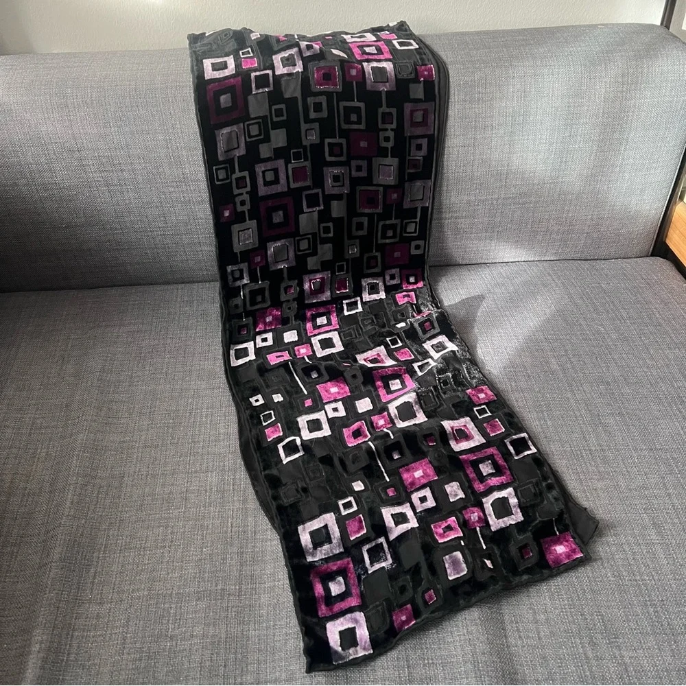 Silk and chenille black and purple scarf with geometric design lovely an…